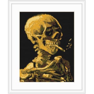 May include: A yellow and gold skull with a cigarette in its mouth, against a black background.