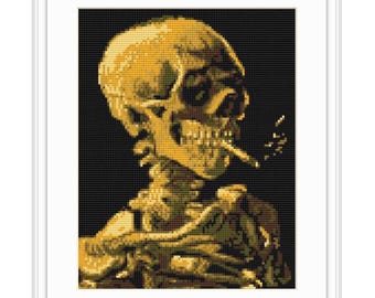 Skull of a Skeleton with Burning Cigarette. Van Gogh Art. Painting Modern Cross Stitch Pattern. Subversive. Vincent Van Gogh Funny.