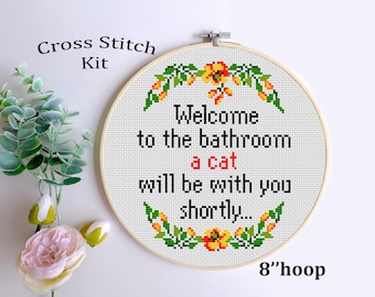 Funny Cat Cross Stitch Kit: Welcome to the Bathroom Embroidery - DIY Wall Art
