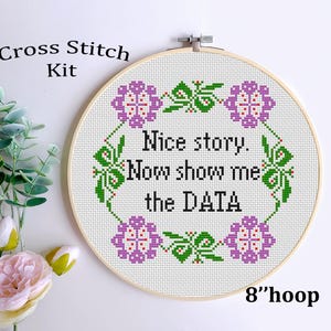 Op de afbeelding: Borduurpatroon met een witte achtergrond en paarse bloemen. De tekst luidt "Nice story. Now show me the DATA". Het patroon is ontworpen voor een 8 inch hoepel.