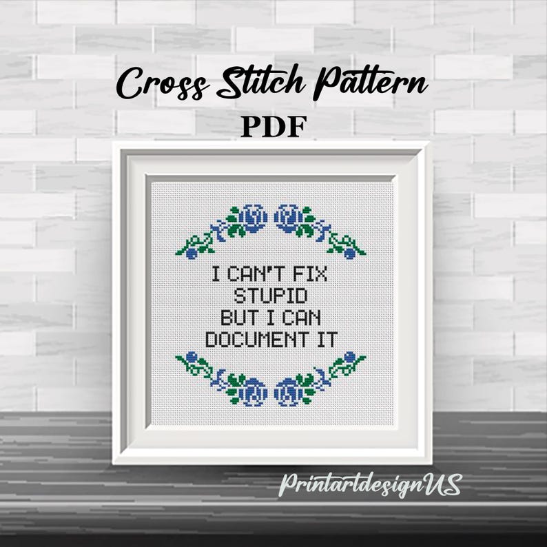 May include: A framed cross-stitch pattern with the text "I CAN'T FIX STUPID BUT I CAN DOCUMENT IT." The design includes blue floral accents and the words "Cross Stitch Pattern PDF." The frame is white, and the background is a brick wall.