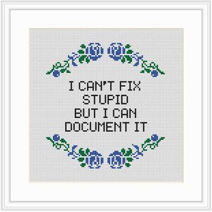 May include: Framed cross-stitch with the text "I CAN'T FIX STUPID BUT I CAN DOCUMENT IT". The design is in black thread, with blue and green floral embellishments. The background is white fabric, set within a white frame.