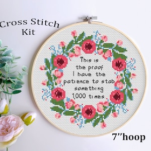 Funny Cross Stitch Kit: Patience to Stab, Beginner DIY (7" Hoop) image 1