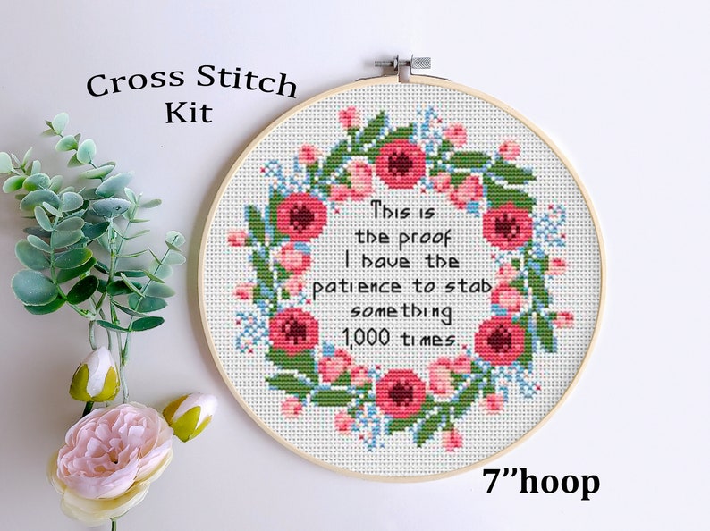 Funny Cross Stitch Kit: Patience to Stab, Beginner DIY (7" Hoop) image 1