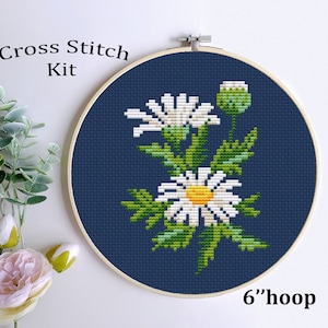 Kit de punto de cruz de margaritas: bordado de ramo de flores, bastidor de 15 cm