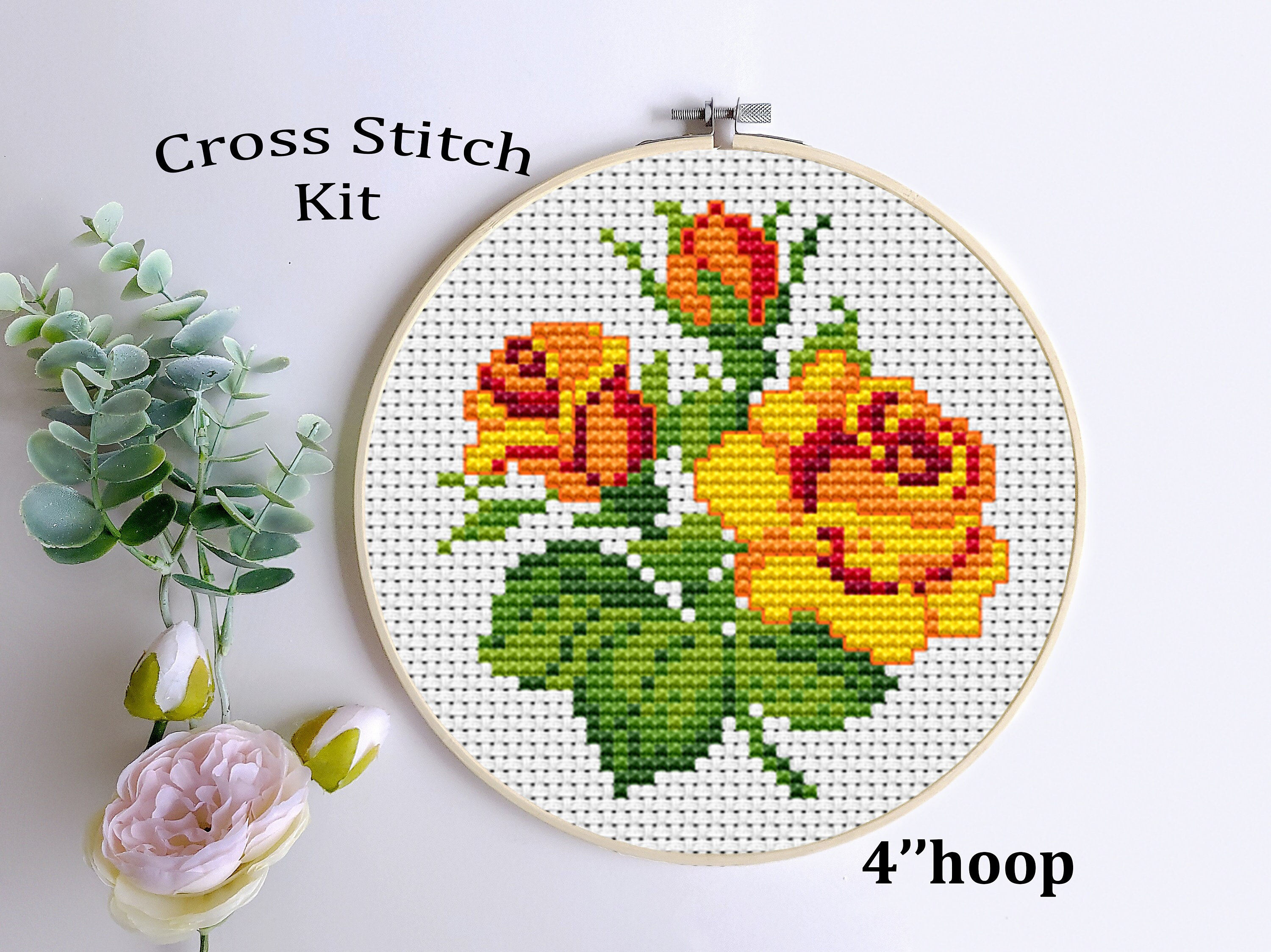 Orange Roses Cross Stitch Kit: Floral Bouquet Embroidery, Beginner