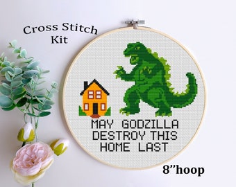 Godzilla Cross Stitch Kit. May Godzilla Destroy This Home Last Counted Cross Stitch Kit. DIY Funny Subversive Sarcastic Cross Stitch Kit