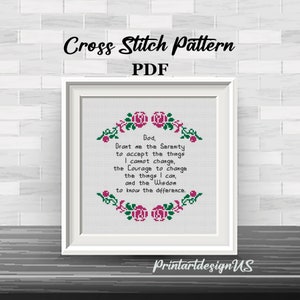May include: Cross stitch pattern PDF featuring a quote about serenity, courage, and wisdom. The quote is surrounded by a border of pink roses and green leaves.
