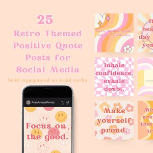 25 Girly Retro Positive Quote instagram content package. Canva Templates, Self-love groovy instagram templates, editable instagram templates