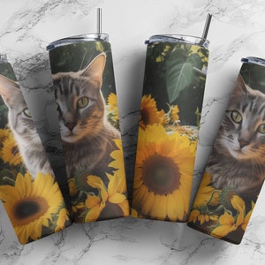 Sunflower And Cat Tumbler Wrap  20oz Skinny Tumbler Wrap - Digital Download for Sublimation and POD Services,