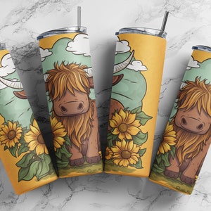 Sunflowers with Highland Cow Tumbler Wrap  20oz Skinny Tumbler Wrap - Digital Download for Sublimation and POD Services,