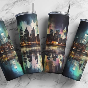 City Skyline Reflection Tumbler Wrap, 20oz Skinny Tumbler PNG, Sublimation PNG Digital Download, Reflection Skyline Design