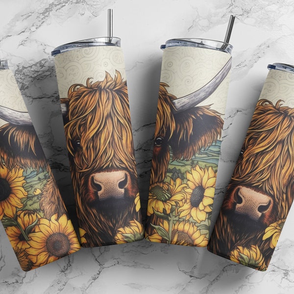 Sunflowers with Highland Cow Tumbler Wrap  20oz Skinny Tumbler Wrap - Digital Download for Sublimation and POD Services,