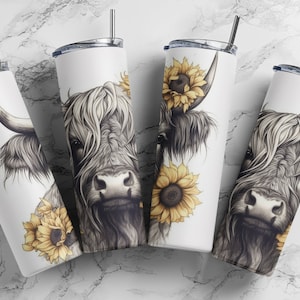 Watercolour Sunflower and Highland Cow Tumbler Wrap 20oz Skinny Tumbler Wrap - Digital Download for Sublimation and POD Services,