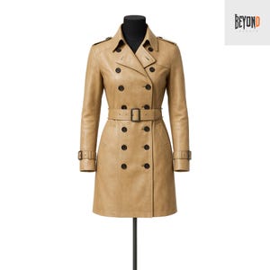 May include: A tan leather trench coat with a double-breasted design. The coat features a belt at the waist, epaulets on the shoulders, and black buttons. The coat is displayed on a black mannequin.