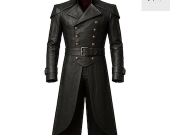 May include: Black leather coat with a double-breasted design, featuring gold-coloured buttons and a matching belt. The coat has a high collar and long sleeves, with a split back. The coat is a stylish outerwear garment.