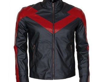 Handmade Black & Red Leather Motorcycle Jacket, Slim Fit