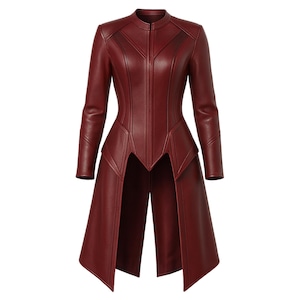 Può includere: Un cappotto in pelle bordeaux con collo alto e maniche lunghe. Il cappotto presenta un corpetto aderente con cerniera verticale e una gonna svasata con design a spacco frontale. Il cappotto è di colore unito.