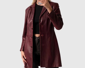 90s Handmade Burgundy Leather Trench Coat - Classic Maroon Blazer