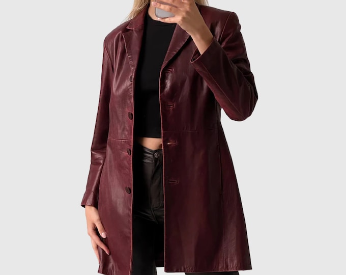 90's Vintage Handmade Women Burgundy Leather Trench Coat Ladies Classic ...