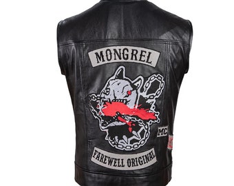 Handmade Black Leather Biker Vest, Mongrel Motorcycle Design