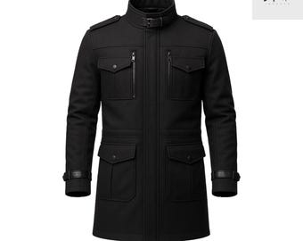 Men’s Black Military Wool Coat with High Collar & Belted Cuffs Long Tactical Winter Trench Jacket Epaulet Design Warm Wool Blend Coat