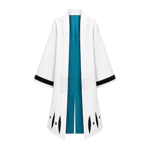 May include: A white long coat with a teal interior. The coat features black accents on the sleeves and decorative black diamond shapes along the bottom hem. The coat is open in the front and has long sleeves.