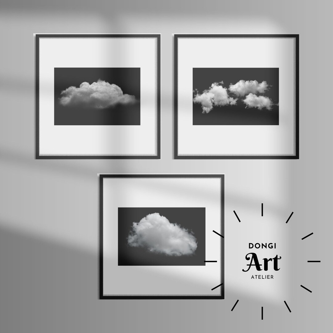 Printable Cloud Wall Art Cloud Art Set of 3 Digital Prints Black Wall