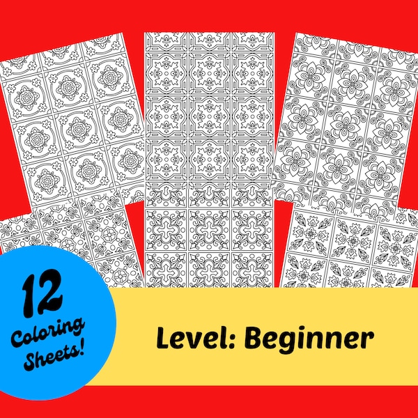 12 Mexican Tile Coloring Pages for Beginners, Premium Printable Coloring Sheet Bundle Instant Download, Modern Therapeutic Coloring Activity