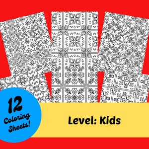12 Mexican Tiles Coloring Pages for Kids, Premium Printable Coloring Sheet Bundle Instant Download, Modern Therapeutic Coloring Activity