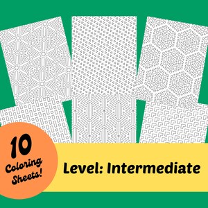 10 Geometric Intermediate Coloring Pages, Premium Printable Coloring Sheet Bundle Instant Download, Modern Therapeutic Coloring Activity