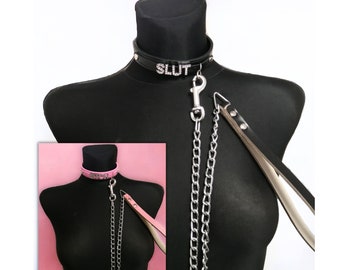 Leather Handmade Collar with Chain Leash for women, collar choker, day collar