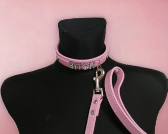 Leather Handmade Collar with Chain Leash for women, collar choker, day collar