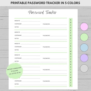 Puede incluir: Rastreador de contraseñas imprimible con cinco opciones de color. El rastreador tiene secciones para el sitio web, el nombre de usuario, la contraseña y las notas. El rastreador está diseñado para imprimirse en papel US Letter o A4.