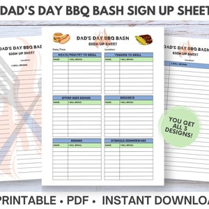 Puede incluir: Tres hojas imprimibles para una fiesta de barbacoa del Día del Padre. Cada hoja tiene un diseño diferente con un esquema de color azul y verde. Las hojas están tituladas "Carnes/Aves para asar", "Verduras para asar" y "Otros acompañamientos, postres, bebidas, utensilios/vajilla".