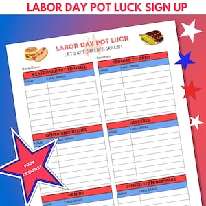 Labor Day Printable Potluck Sign Up Sheets, Holiday Potluck