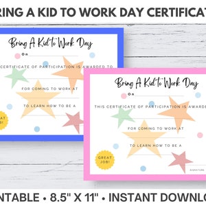 以下が含まれることがあります： "Bring a Kid to Work Day"イベント用の印刷可能な証明書テンプレート。証明書は、ピンクとブルーの背景に星と「Bring a Kid to Work Day」というテキストが書かれています。