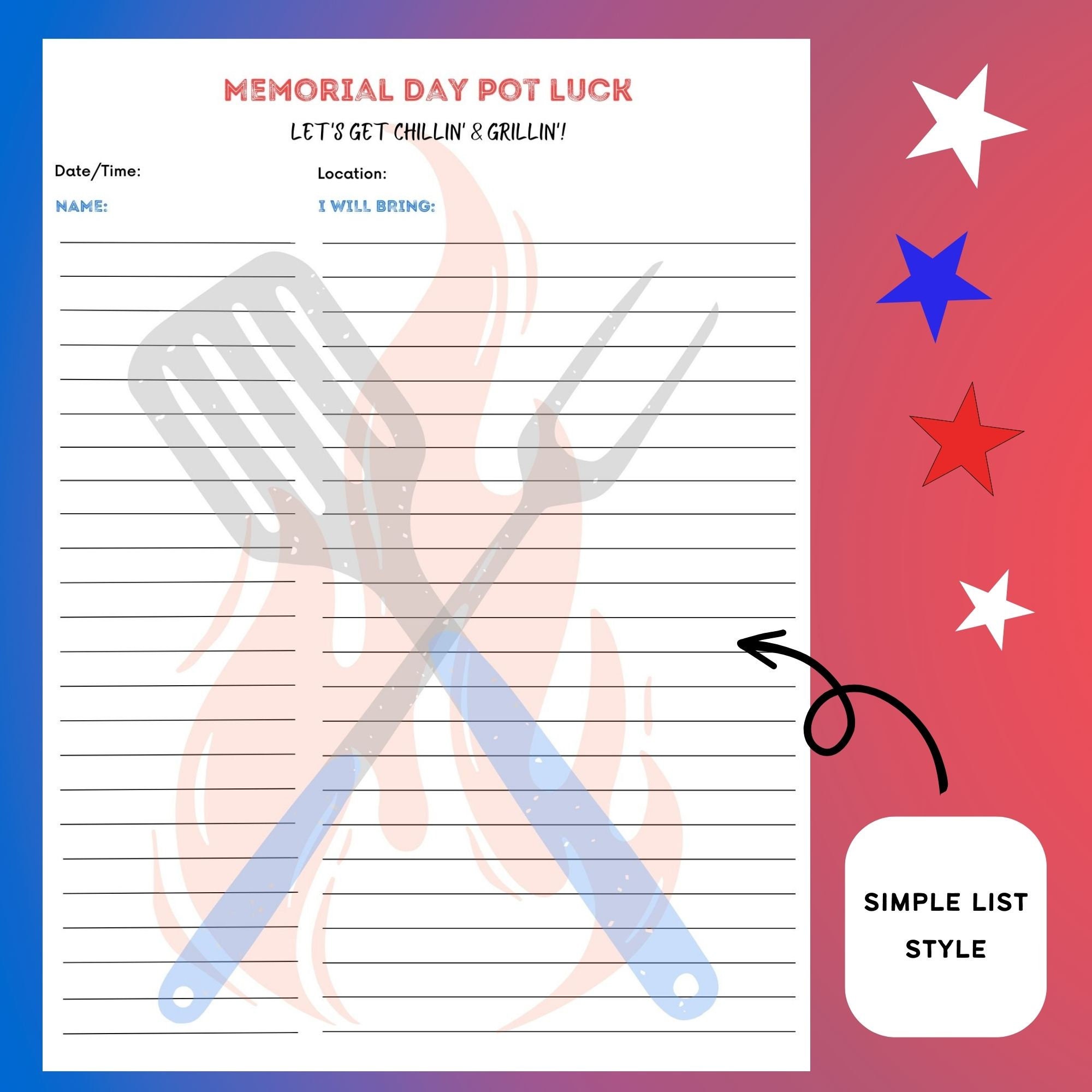 Memorial Day Printable Potluck Sign up Sheets, Holiday Potluck - Etsy
