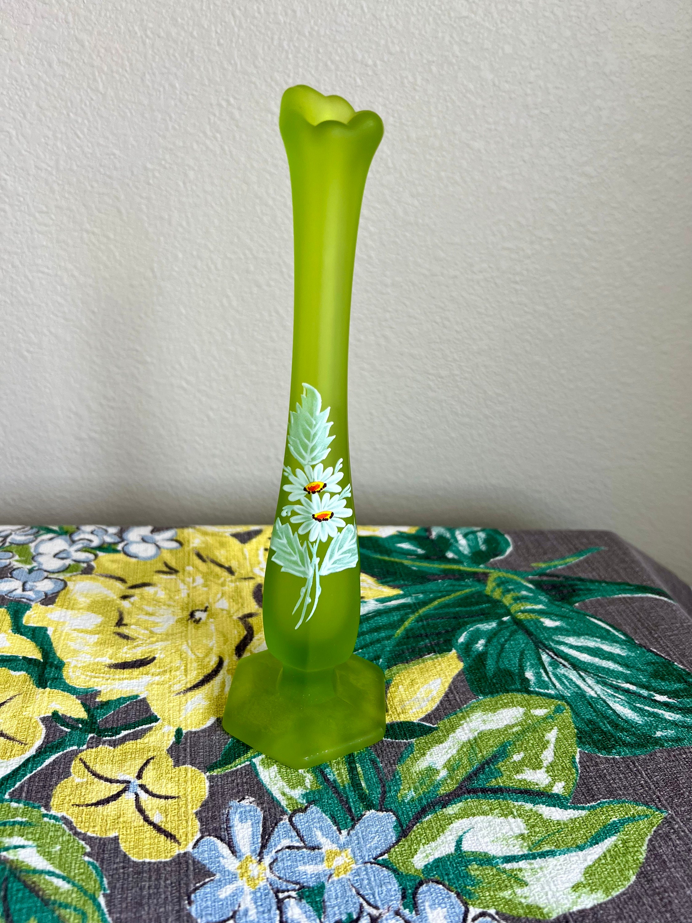 Westmoreland Satin Glass Swung Vase Green With Floral  display picture 1