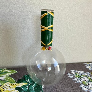 Vintage Pyrex Beaker Vase Platic Cord Wrapped Neck w Beads