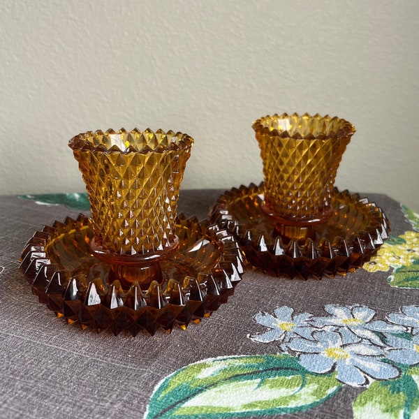 Indiana Glass Diamond Point Candle Holders Amber Set of Two