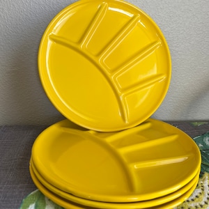 Enameled Yellow Divided Plates Vintage Set of 4