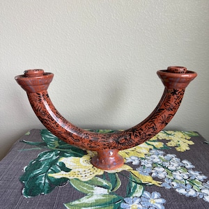 Red Clay Two Arm Candlestick Abstract Hand Painted Decoration