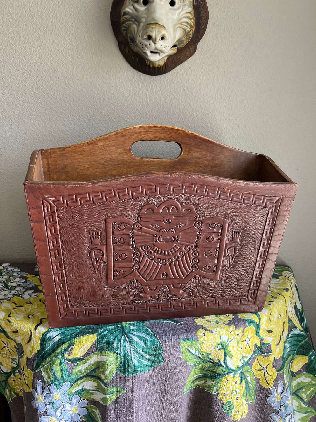 Hand Tooled Leather Magazine Rack Central American Motifs Vintage - Etsy