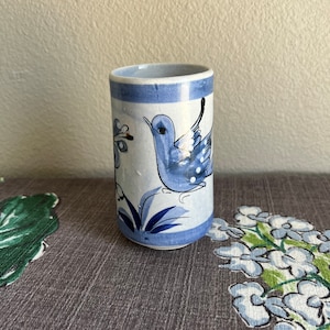 Blue Tonala Bird Tumbler Vase Handpainted Mexico