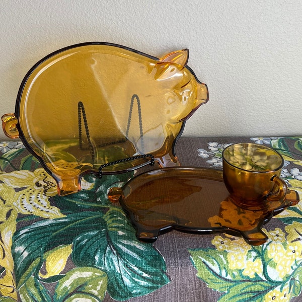 Indiana Glass Company Tiara Amber Pig Shaped Plate Serving Tray Mug