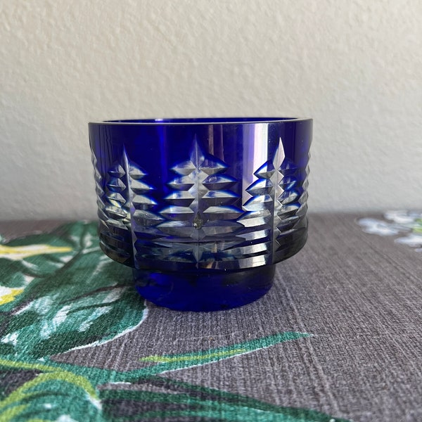 Bohemian Cut Glass Blue to Clear Candle Holder