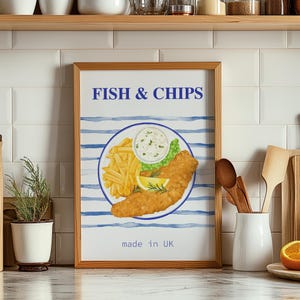 Fisch und Chips druckbares Poster, hergestellt in Großbritannien Wanddruck, Küchen Dekor, Retro Küchendruck, England Delicious, Chips Liebhaber, Fisch Poster