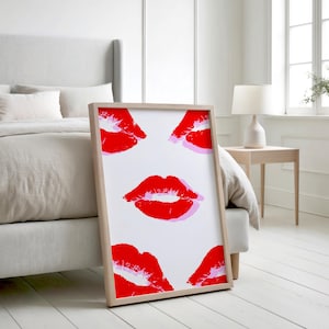 Rote Lippen druckbare Wandkunst, Retro-Stil Kuss-Lippen Druck, Liebe Poster, Girly Küsse Poster, kokette Wohnungsästhetik, trendiges Zimmerdekor