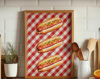 Lámina retro de cocina de perritos calientes, póster de comida rápida americana (descarga digital)